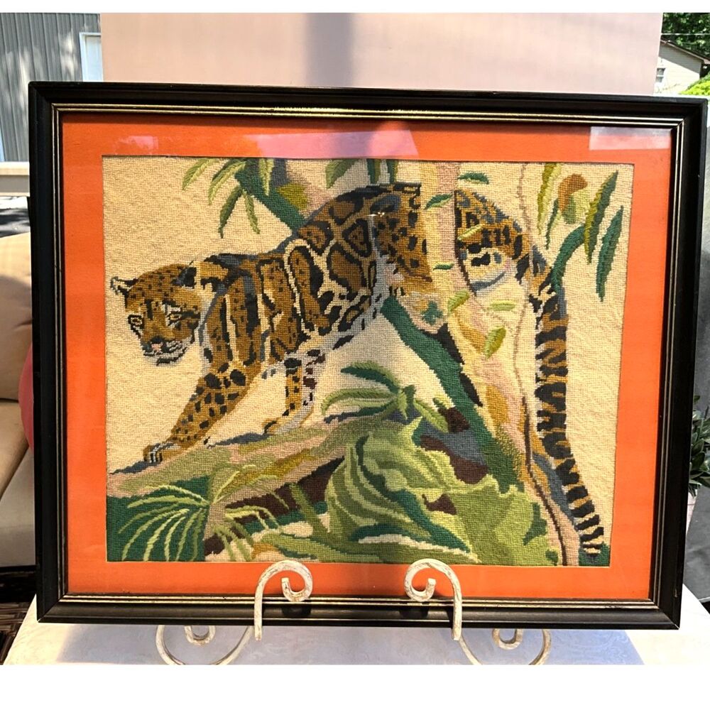 Leopard Needlepoint piece; vintage, framed under glass, large size RARE find
